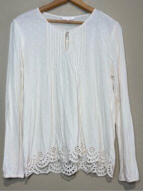 LC Lauren Conrad Cream Eyelet Hem Cottagecore Boho Long Sleeve Shirt